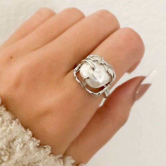 925 Sterling Silver Chunky Ring Square Boho Silver Statement Ring Unique Ring - Picture 3 of 8